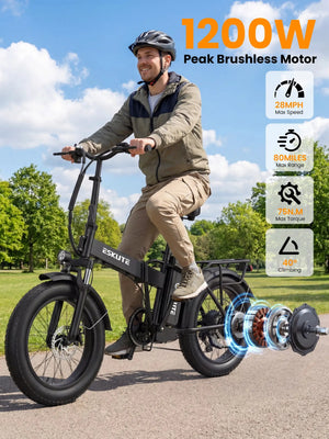 ESKUTE Electric Bike for Adults, 48V 20.8Ah Removable Battery, 20x4 Fat Tire Foldable Ebike with 1200W Peak Motor, Folding E Bike with 7‑Speed, 20+ MPH, up to 80 Miles, NFC Unlock