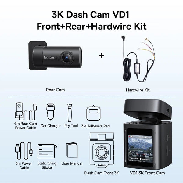 Baseus VD1 3K Dash Cam Front And Rear With GPS Supercapacitor 24H Parking - stepyours.com