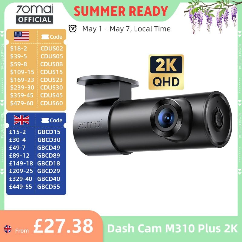 70mai M310 Plus 2K Dash Cam 1440P 143 FOV 24H Parking Guard Night Vision - stepyours.com