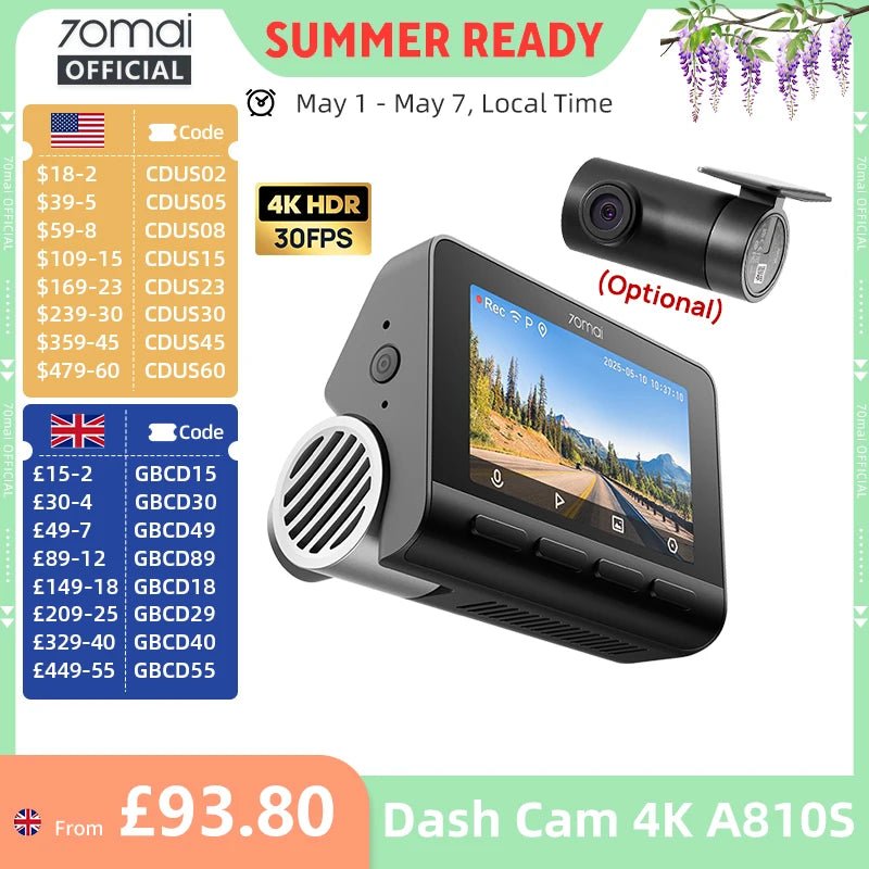 70Mai A810S 4K HDR Dash Cam GPS ADAS Dual Channel Motion Detection 4G LTE DVR - stepyours.com
