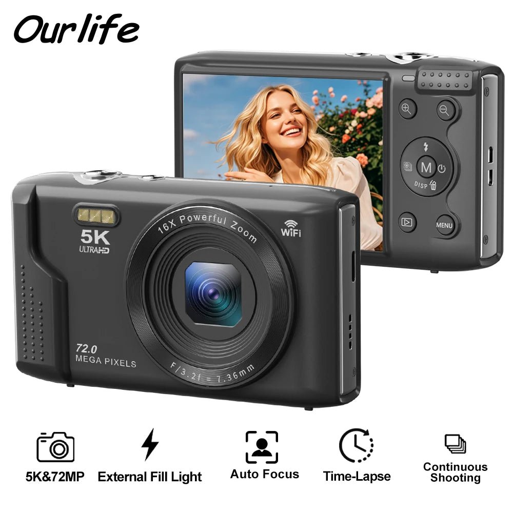 Ourlife 5K 72MP Compact Digital Camera With Two Point Eight Inch LCD 16X Zoom - stepyours.com