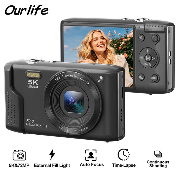 Ourlife 5K 72MP Compact Digital Camera With Two Point Eight Inch LCD 16X Zoom - stepyours.com