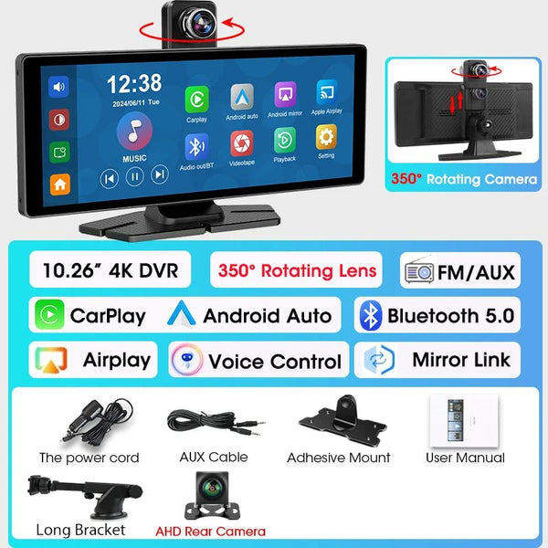 4K Dash Cam With Wireless CarPlay Android Auto GPS 7 Inch Or 10.26 Inch - stepyours.com