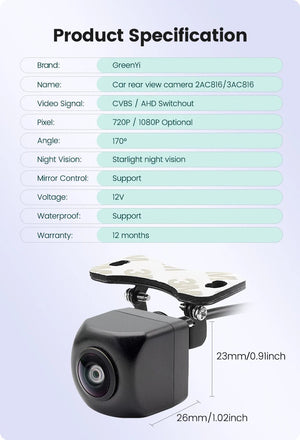 GreenYi AHD 1080P Car Rear View Camera Full HD Night Vision 170 Degree Lens C816 - stepyours.com