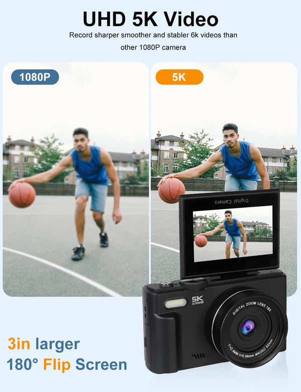 5K Compact Digital Camera With 18X Zoom 180 Degree Flip Screen For YouTube Vlog - stepyours.com