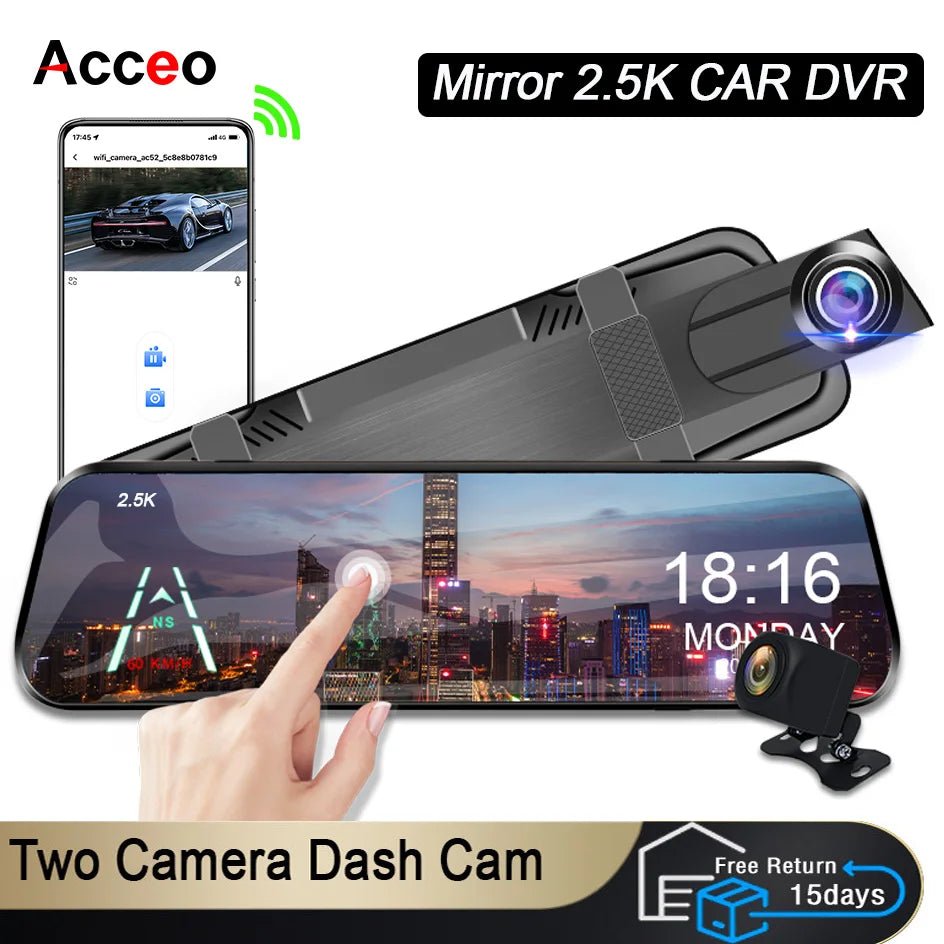 ACCEO Car DVR 10 Inch Rear View Mirror Dash Cam With WiFi 2K Front 1080P Rear - stepyours.com