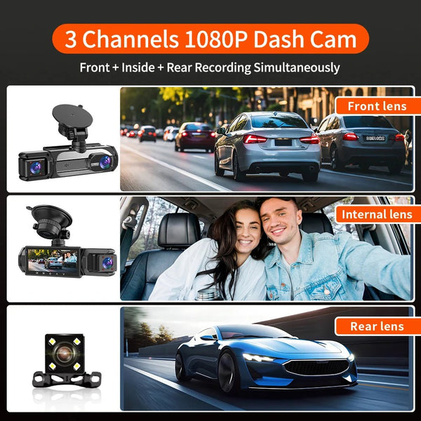 3 Channel Dash Cam 1080P Front And Rear Night Vision Parking Monitor Car DVR - stepyours.com