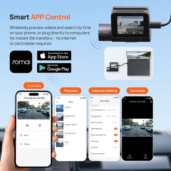 70mai Dash Cam A410 Front 1440P Rear 1080P Car DVR 256GB 24H Parking - stepyours.com