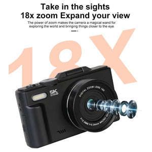 Ourlife Compact 5K Digital Camera With 18X Zoom 75MP 180 Flip Screen WiFi - stepyours.com
