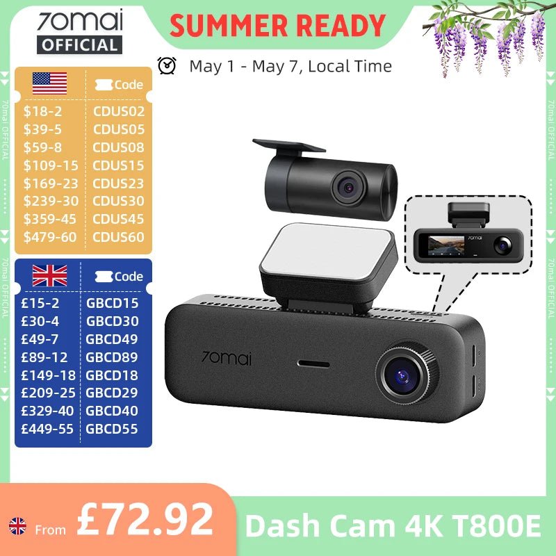 70mai T800e 3 Channel Dash Cam 4K Front 1080p Rear And Interior HDR GPS WiFi 6 - stepyours.com