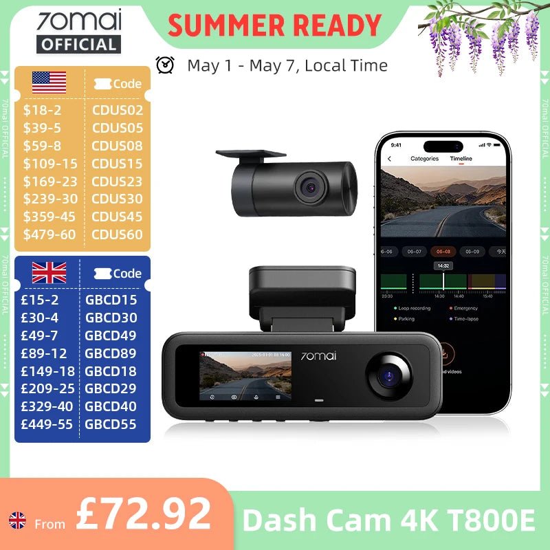 70mai T800E 3 Channel Dash Cam 4K HDR F1.55 Supercapacitor GPS WiFi 6 5GHz - stepyours.com
