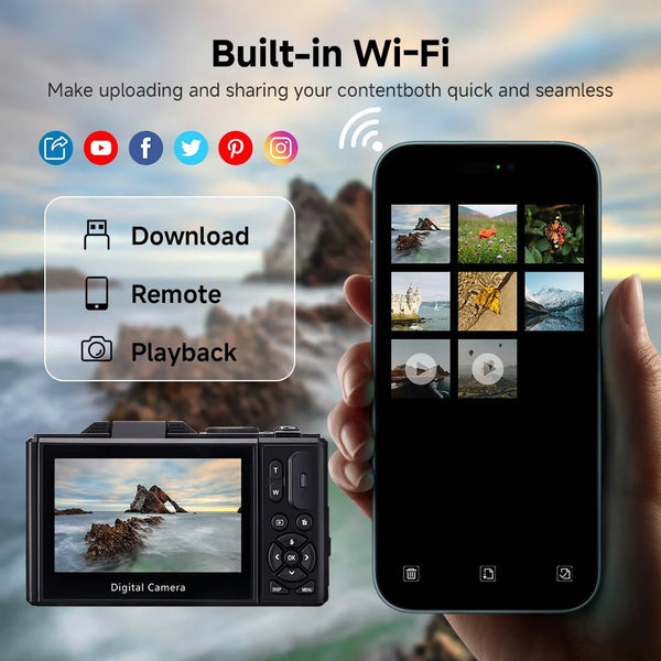 Amorus 5K Digital Camera 75MP 18X Zoom 180 Flip Screen WiFi For YouTube - stepyours.com
