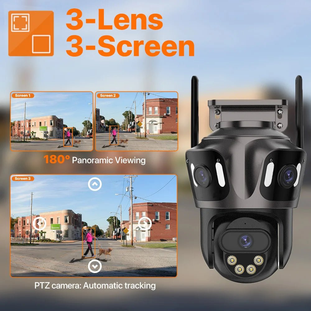 Three Screen WiFi IP Camera - 4K Dual Lens PTZ With AI Detection IP66 Waterproof by stepyours.com