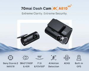 70mai 4K Dash Cam A810 Front Rear Set With 4G LTE UP04 GPS ADAS DVR - stepyours.com