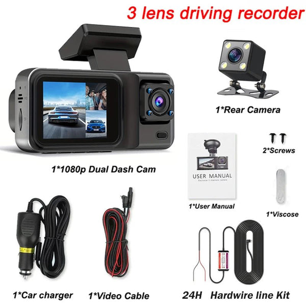 3 Channel Dash Cam for Cars 1080P Video Recorder Rear View Car DVR - stepyours.com