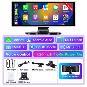 11.26 Inch Car DVR 4K Dash Cam Dual Lens Wireless CarPlay Android Auto Monitor - stepyours.com