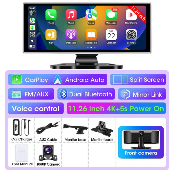 11.26 Inch Car DVR 4K Dash Cam Dual Lens Wireless CarPlay Android Auto Monitor - stepyours.com