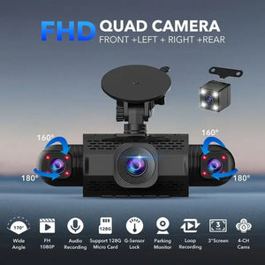 Car Dash Cam 4 Channel Front Left Right Rear FHD 1080P Night Vision Hardwire Kit - stepyours.com