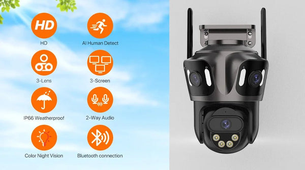 WONSDAR Three Screen WIFI IP Camera Outdoor - Dual Lens AI Human Detection Hooks - stepyours.com