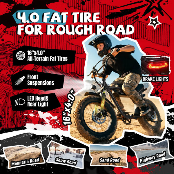 ESKUTE V101 Electric Dirt Bike,16'x4.0 Fat Tire Ebike,Electric Dirt Bike, 28mph, E Bike UL2849, 1 Year Warranty