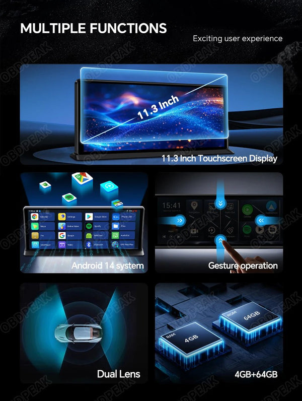 K60 Pro 11.3 Android 14 Screen GPS CarPlay Android Auto Dash Cam 1080P RearView - stepyours.com
