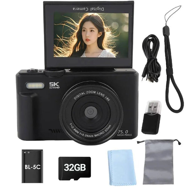 Amorus 5K Digital Camera 75MP 18X Zoom 180 Flip Screen WiFi For YouTube - stepyours.com