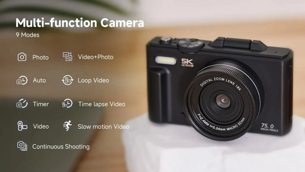 Amorus 5K Digital Camera 75MP 18X Zoom 180 Flip Screen WiFi For YouTube - stepyours.com