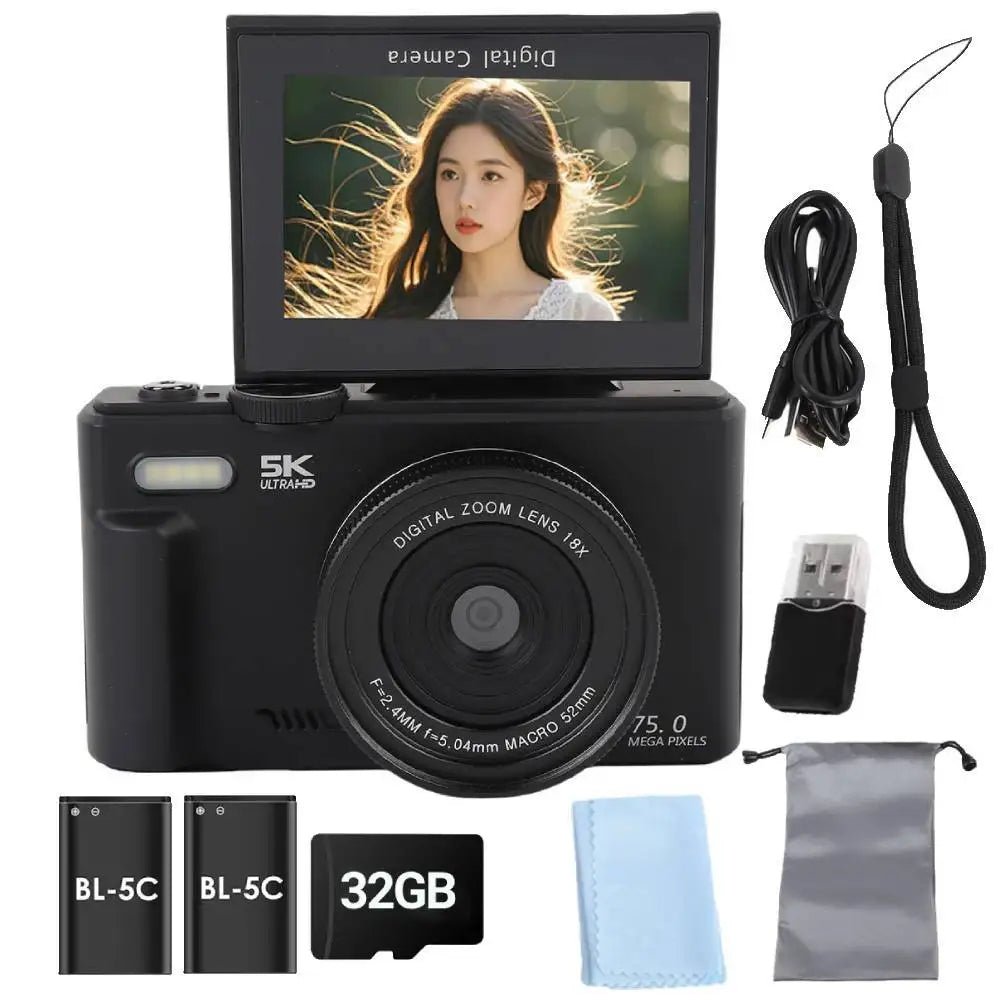 Amorus 5K Digital Camera 75MP 18X Zoom 180 Flip Screen WiFi For YouTube - stepyours.com
