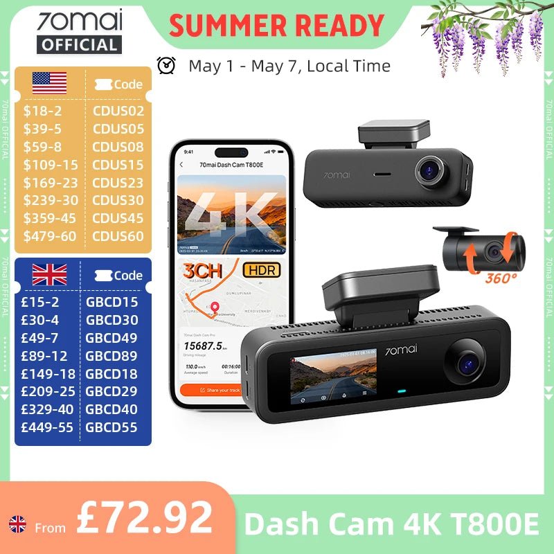 70mai T800E 4K 3 - Channel Dash Cam Front Rear GPS 24H Parking Voice Control - stepyours.com