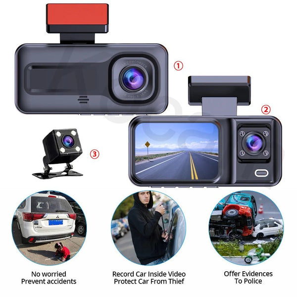 3 Channel Dash Cam for Cars 1080P Video Recorder Rear View Car DVR - stepyours.com