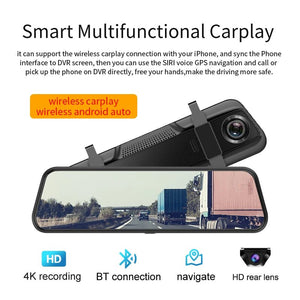 10 Inch 4K Mirror Dash Cam Wireless CarPlay Android Auto Dual Lens GPS WiFi DVR - stepyours.com