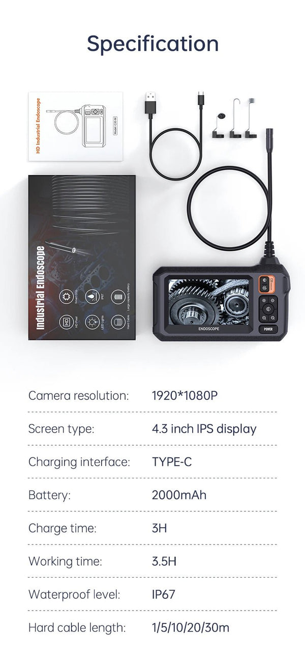 Industrial Endoscope Camera 4.3 Inch IPS Screen 1080P IP67 Waterproof Borescope - stepyours.com