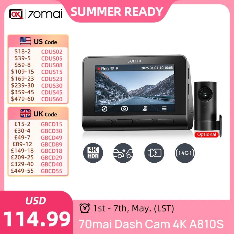 70mai Ultra HD 4K Dash Cam A810 A810S With Built In GPS ADAS 150 Degree FOV - stepyours.com