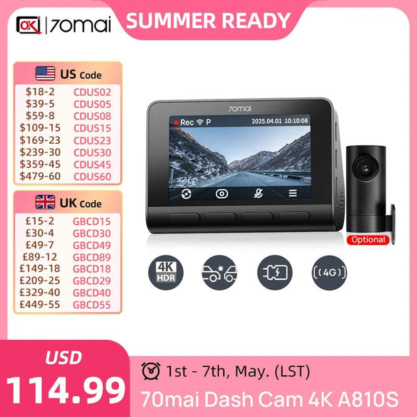 70mai Ultra HD 4K Dash Cam A810 A810S With Built In GPS ADAS 150 Degree FOV - stepyours.com