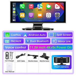 11.26 Inch Car DVR 4K Dash Cam Dual Lens Wireless CarPlay Android Auto Monitor - stepyours.com