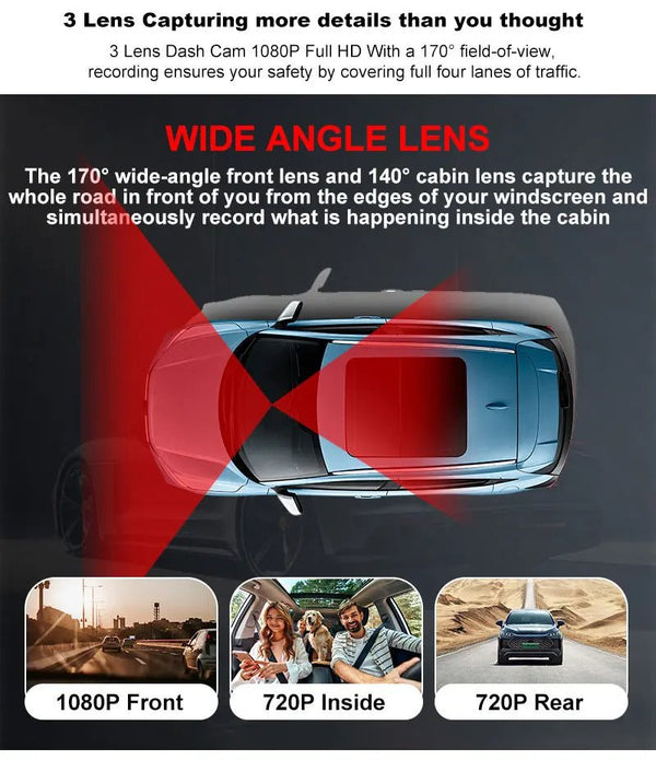 3 Channel WiFi Car DVR 1080P Front Inside Rear 170 Degree Night Vision G Sensor - stepyours.com