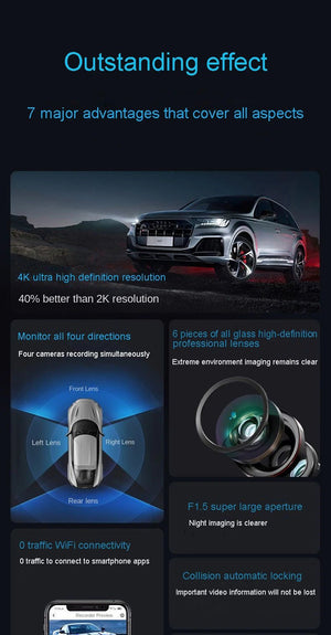 4K Quad Camera Hidden Dash Cam With App Night Vision Motion Detection Parking - stepyours.com