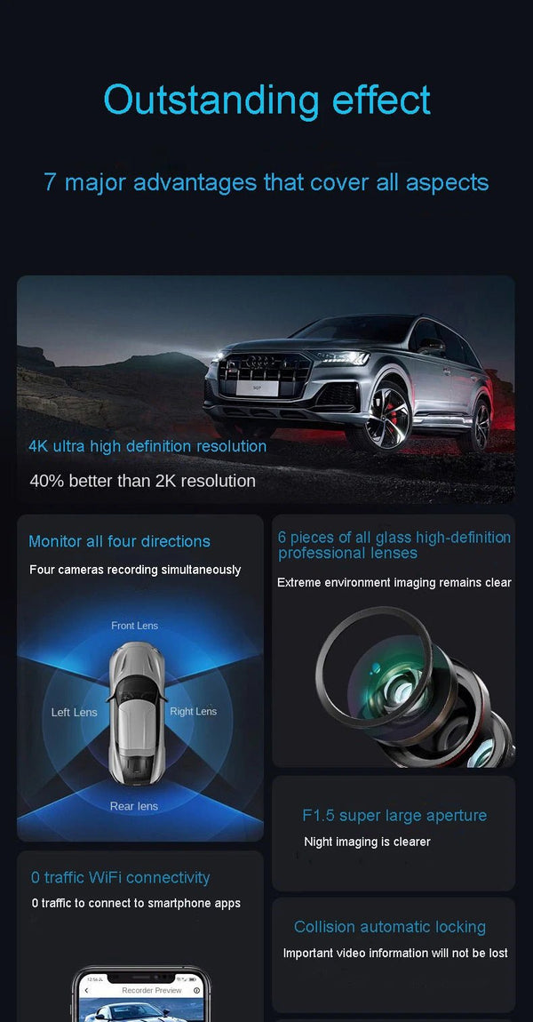 4K Quad Camera Hidden Dash Cam With App Night Vision Motion Detection Parking - stepyours.com