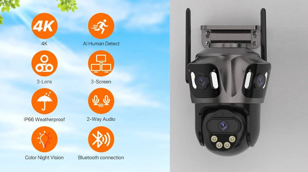 Three Screen WiFi IP Camera Outdoor 4K Tri Lens PTZ - AI Human Detection - stepyours.com