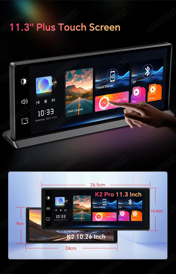 K2 Pro 11.3 4K Car DVR With Wireless CarPlay Android Auto Dual Lens Dash Cam - stepyours.com
