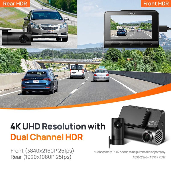 70mai 4K Dash Cam A810 Front Rear Set With 4G LTE UP04 GPS ADAS DVR - stepyours.com