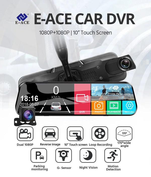 10 Inch Car DVR Touch Screen Dual 1080P Front And Rear Rearview Mirror Camera - stepyours.com