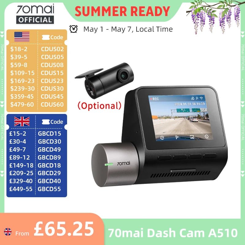 70Mai A510 Dash Cam 1944P HDR GPS ADAS 4G Front And Rear Car DVR - stepyours.com