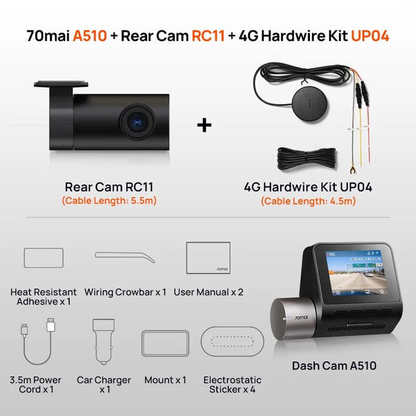 70Mai A510 Dash Cam 1944P HDR GPS ADAS 4G Front And Rear Car DVR - stepyours.com