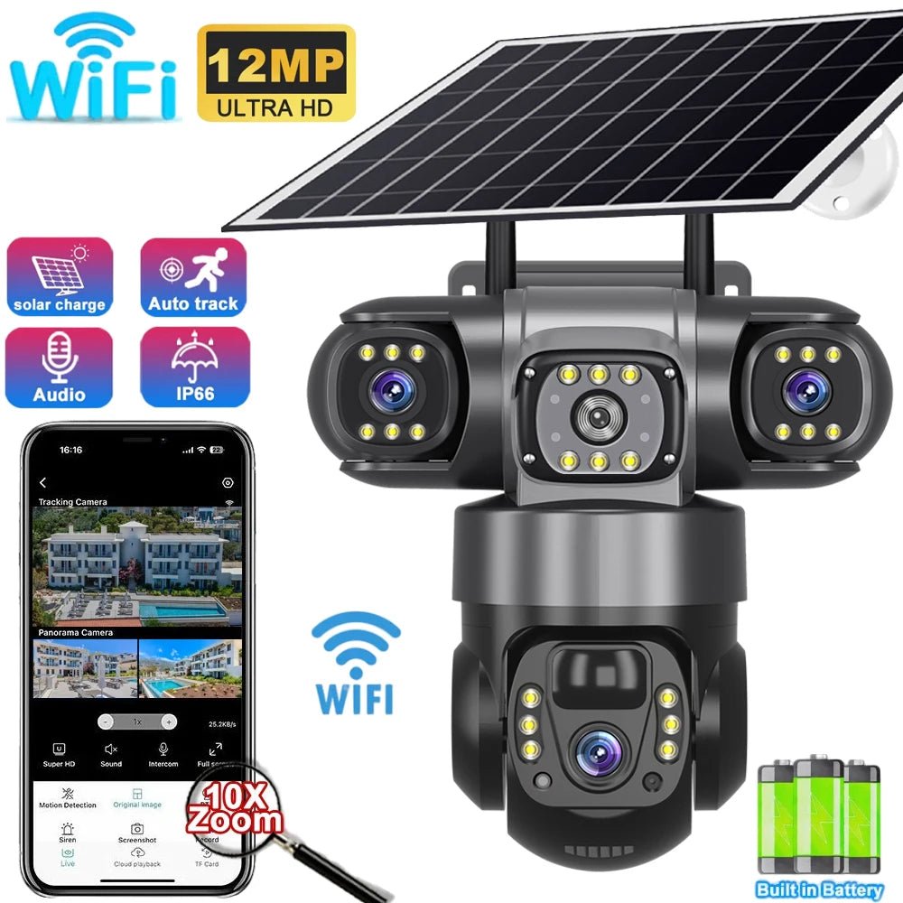 Solar Wireless Security Camera 12MP HD 3 Lens 10X Zoom IP66 Outdoor - stepyours.com