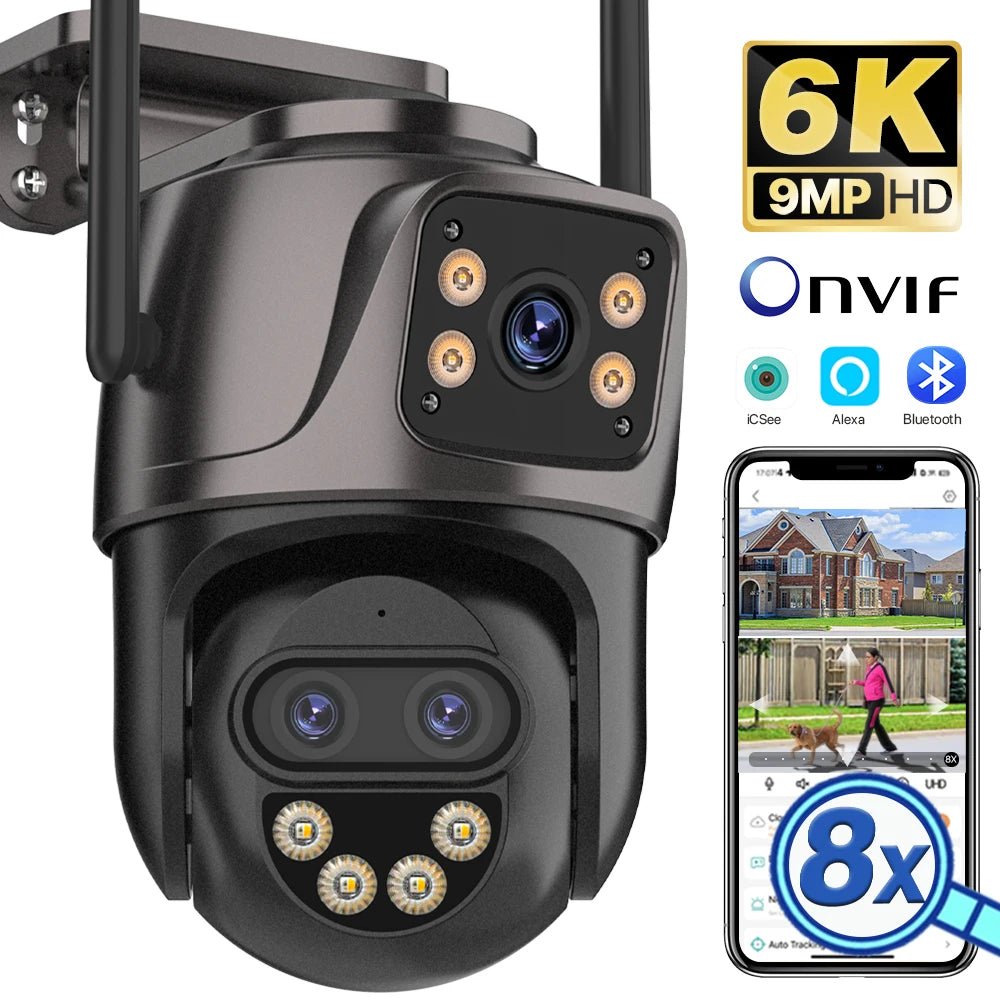 6K 9MP Outdoor Tri - Lens WiFi IP Camera - Auto Tracking And Dual Screen - stepyours.com