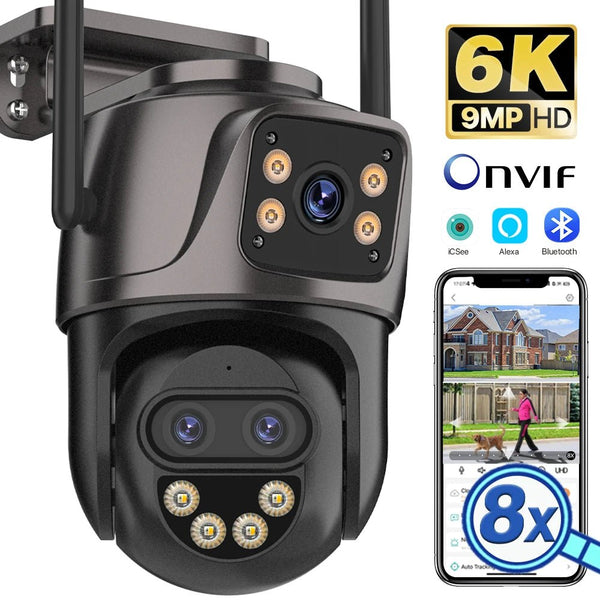 6K 9MP Outdoor Tri - Lens WiFi IP Camera - Auto Tracking And Dual Screen - stepyours.com
