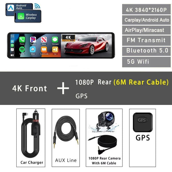11.26 Inch 4K Dash Cam With CarPlay Android Auto Dual Lens WiFi GPS Bluetooth - stepyours.com