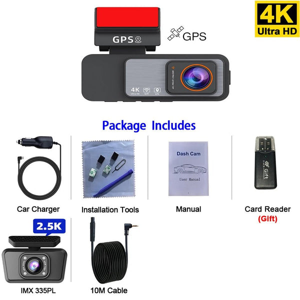 4K Dash Cam Car Camera With GPS WiFi Night Vision Dual Lens Rear View - stepyours.com