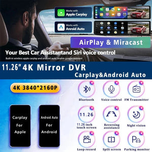 11.26 Inch 4K Dash Cam With CarPlay Android Auto Dual Lens WiFi GPS Bluetooth - stepyours.com